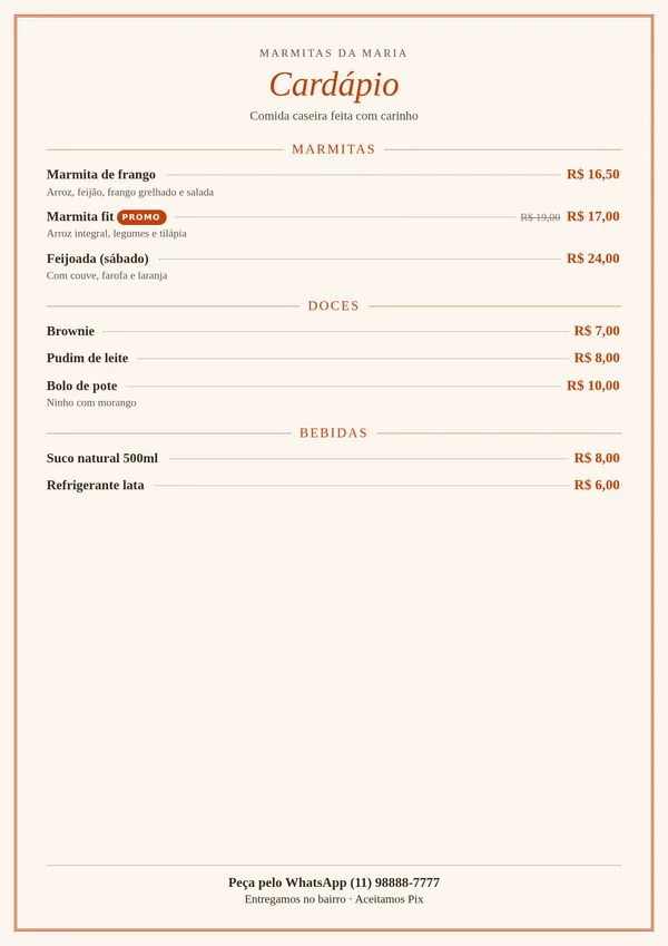 Cardápio em A4 gerado pelo app