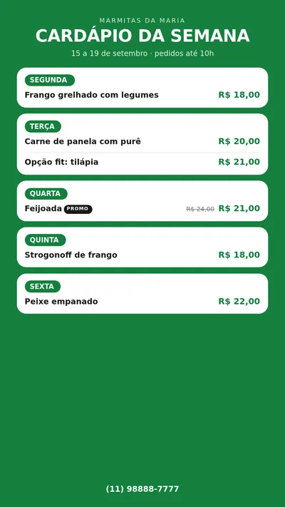 Cardápio da semana para status do WhatsApp